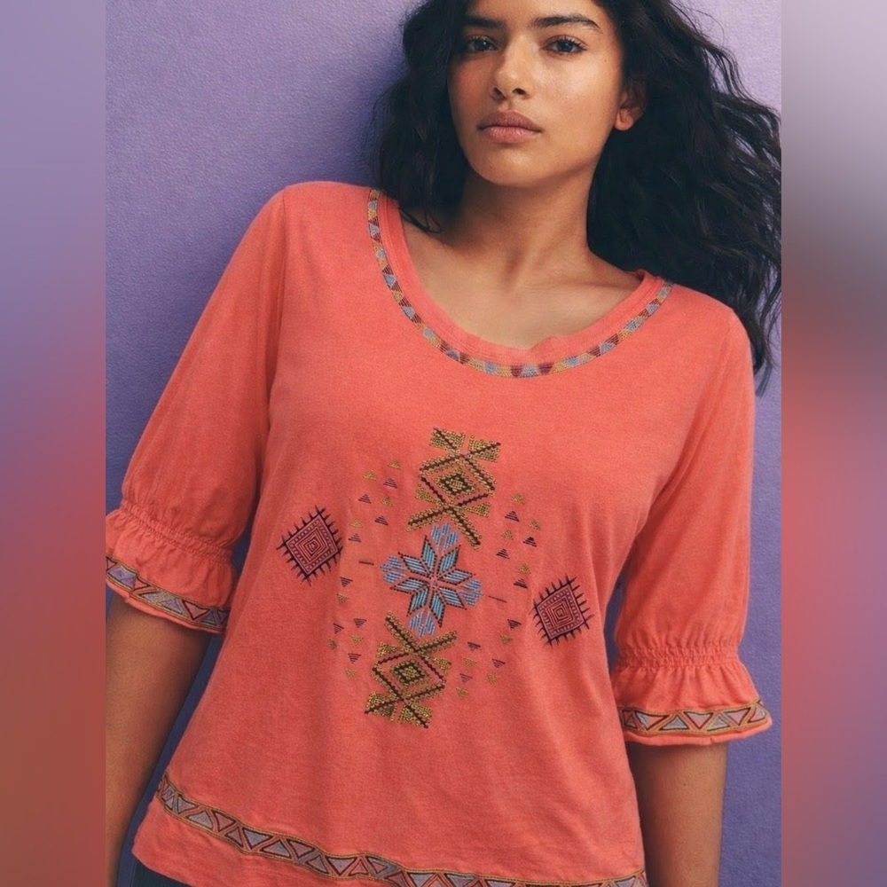 Urban Mango Vibrant Embroidered Coral Blouse